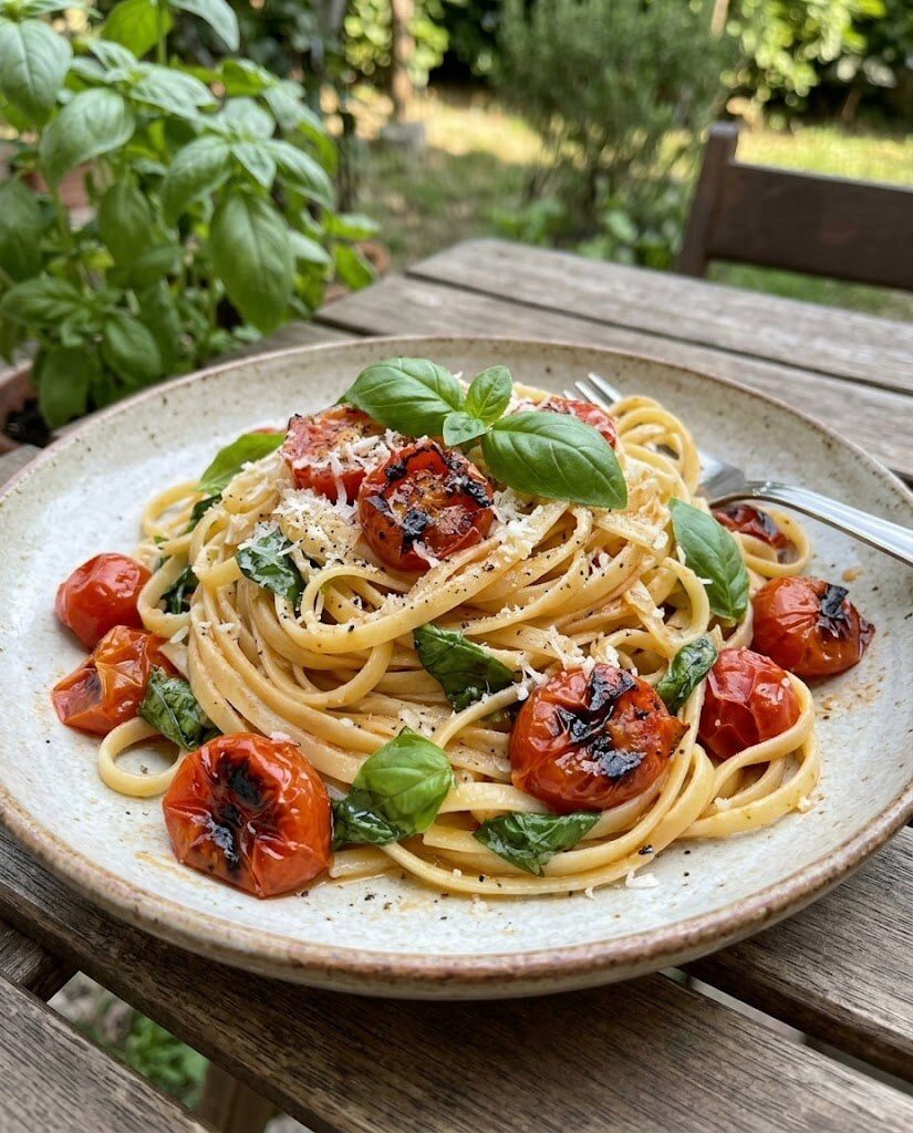 Spaghetti alla chitarra con pomodori arrosto, burrata e basilico