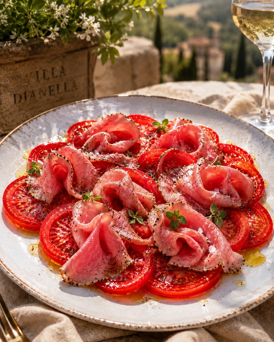 Mucco Pisano roast beef carpaccio with garden tomatoes, extra virgin olive oil and herbs, served at Villa Dianella
