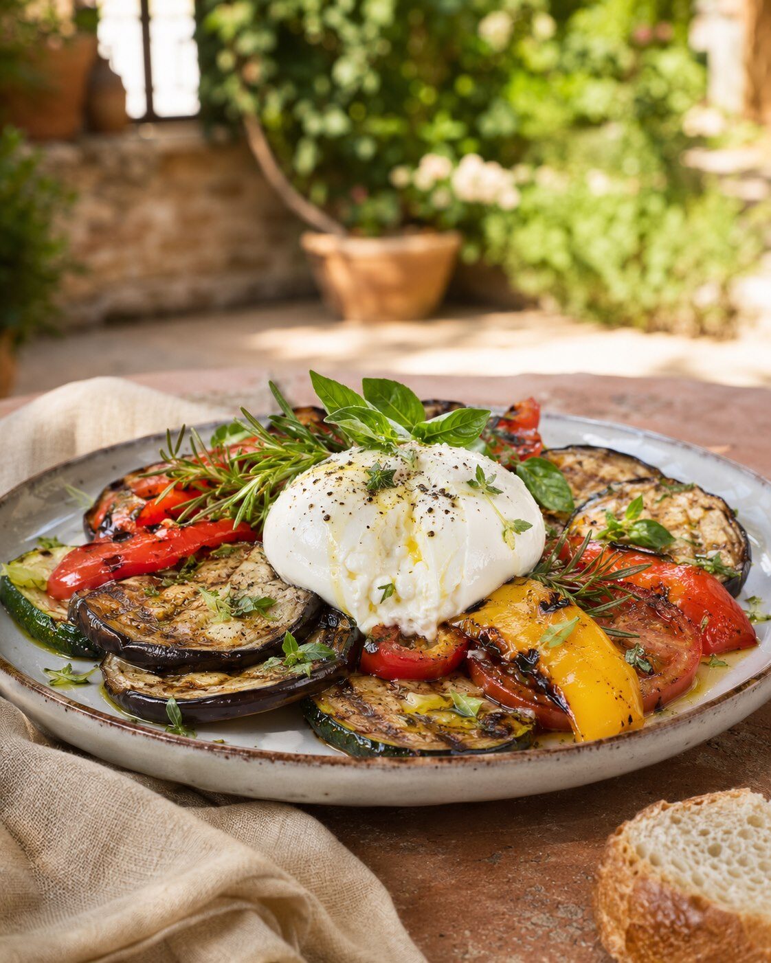 Grilled garden vegetables with Mugello burrata, fresh herbs and oil, served outdoors at Villa Dianella