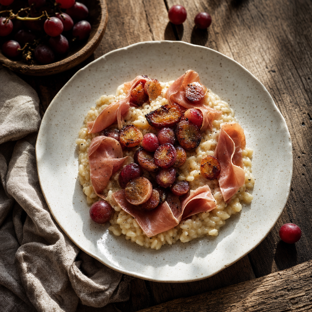 Risotto all'uva croccante e petali di prosciutto servito su un piatto di ceramica bianca