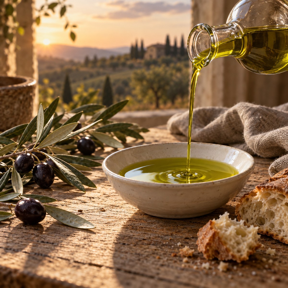 Olio extravergine nuovo versato in una ciotola, con le colline toscane sullo sfondo