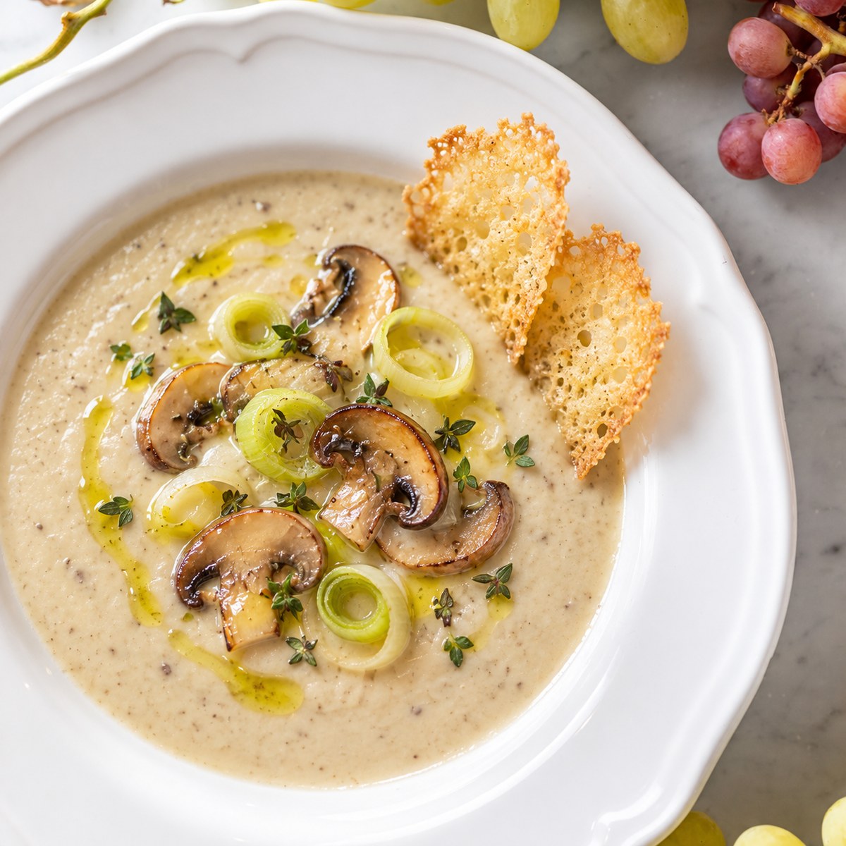 Vellutata di funghi e porri novelli con cialde all'olio extravergine, nel piatto del Bistrot delle Scuderie