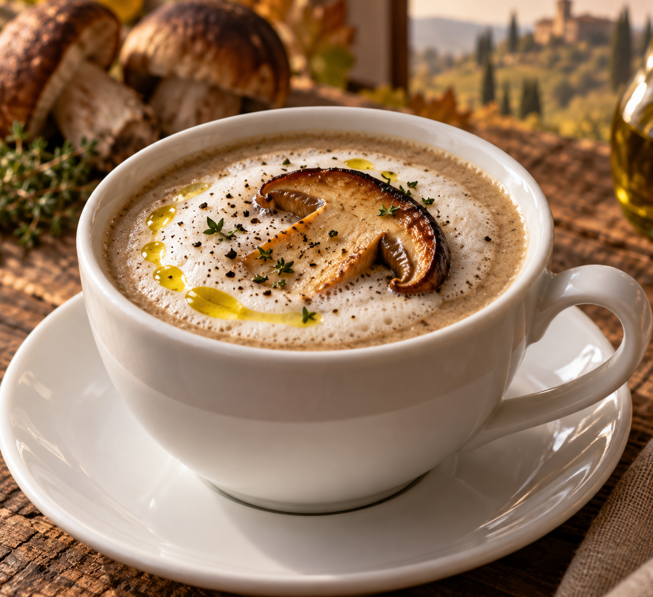 Cappuccino di funghi porcini, rivisitazione della zuppa di porcini al Bistrot delle Scuderie