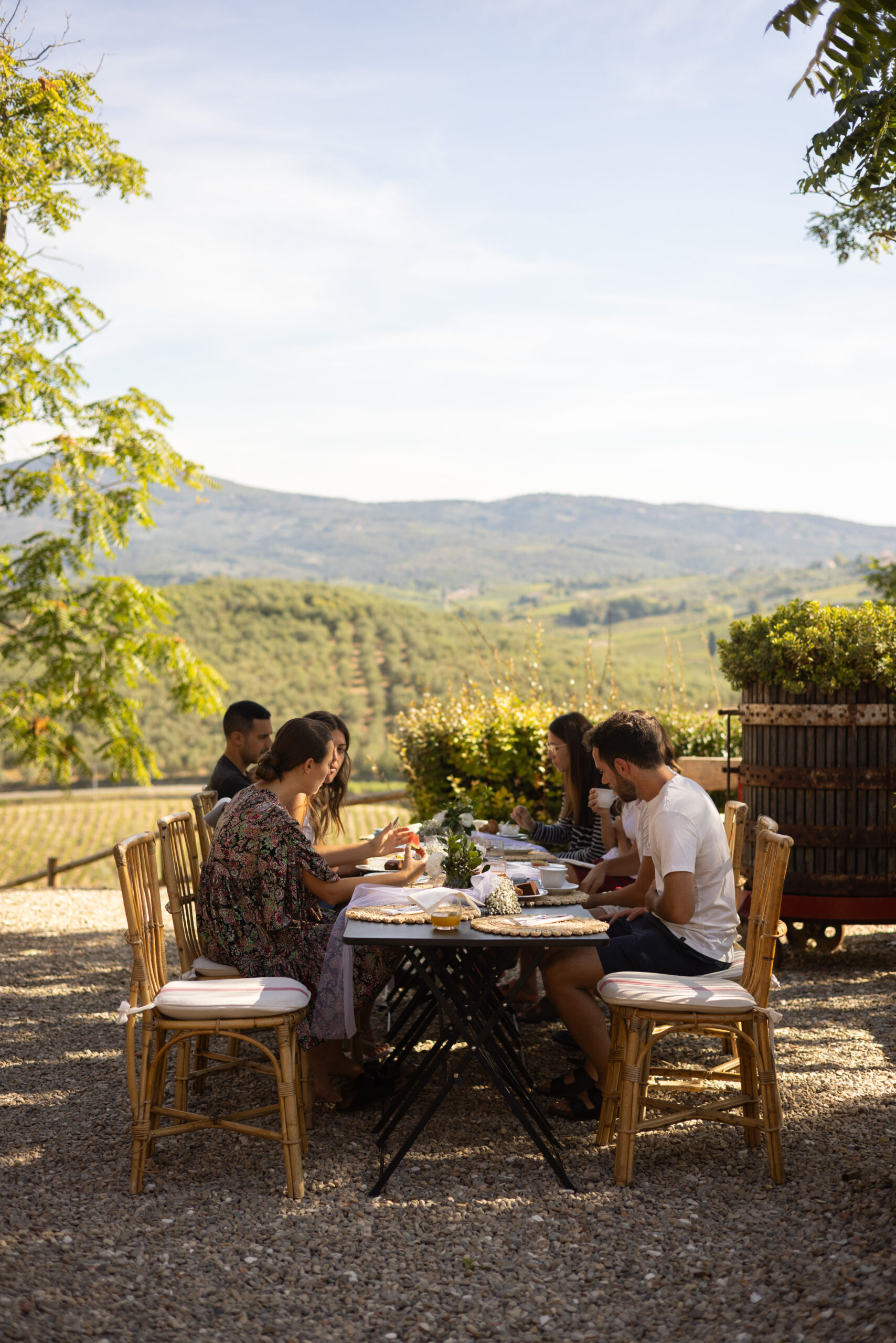 Guests dining outdoors overlooking the vineyards at Villa Dianella