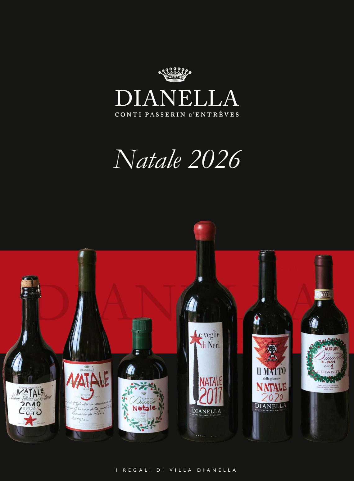La copertina del catalogo di Natale 2026 di Villa Dianella, con le bottiglie dei vini