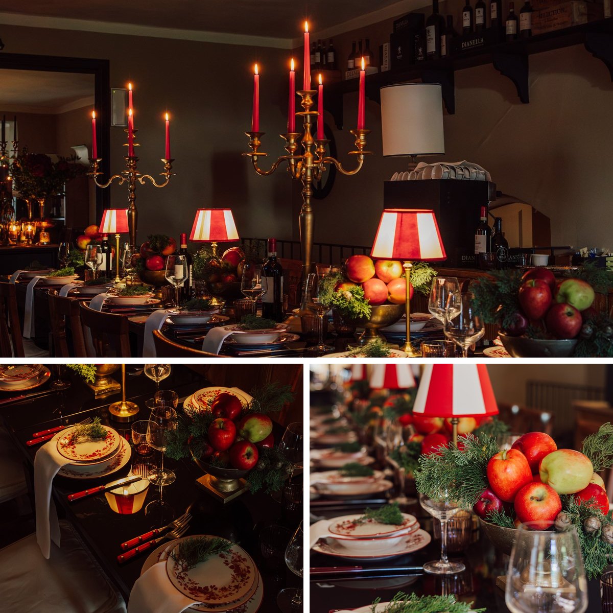 Le tavolate di Natale in villa, con i candelabri, le lampade rosse e le mele