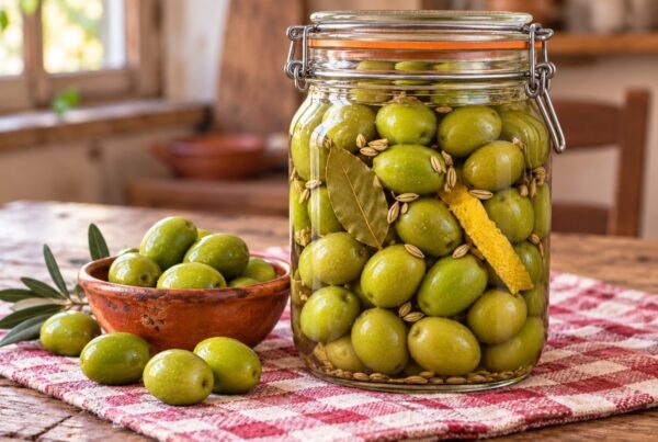 Olive verdi in salamoia in un barattolo di vetro con alloro e scorza di limone, su una tovaglietta a quadri bianca e rossa