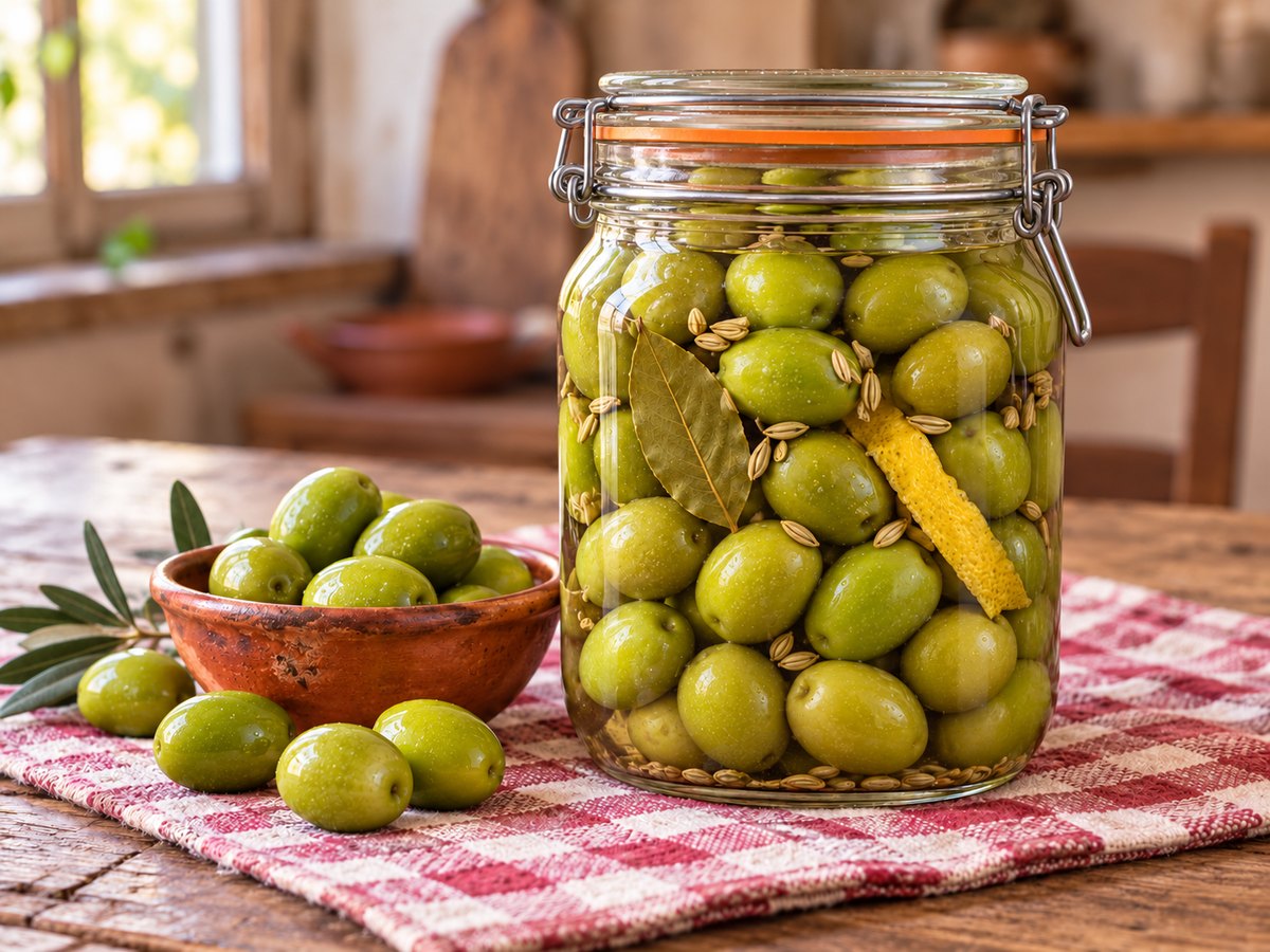 Olive verdi in salamoia in un barattolo di vetro con alloro e scorza di limone, su una tovaglietta a quadri bianca e rossa